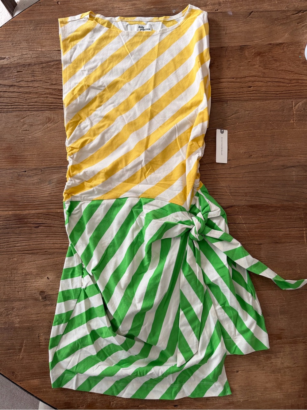 Daily Practice Women’s Wrap Yellow & Green Striped Knot-Waist Dress Size M NWT